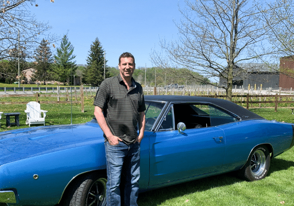 Blue vintage car with owner Matthew Speck