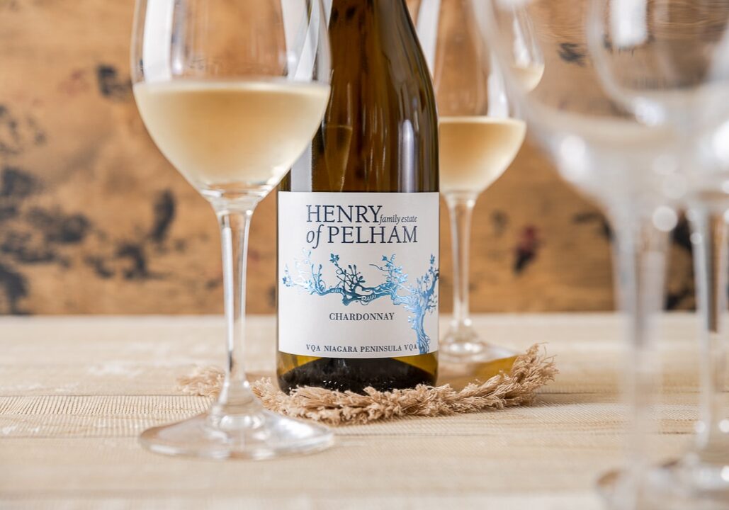 Henry of Pelham's classic chardonnay with two full wine glasses